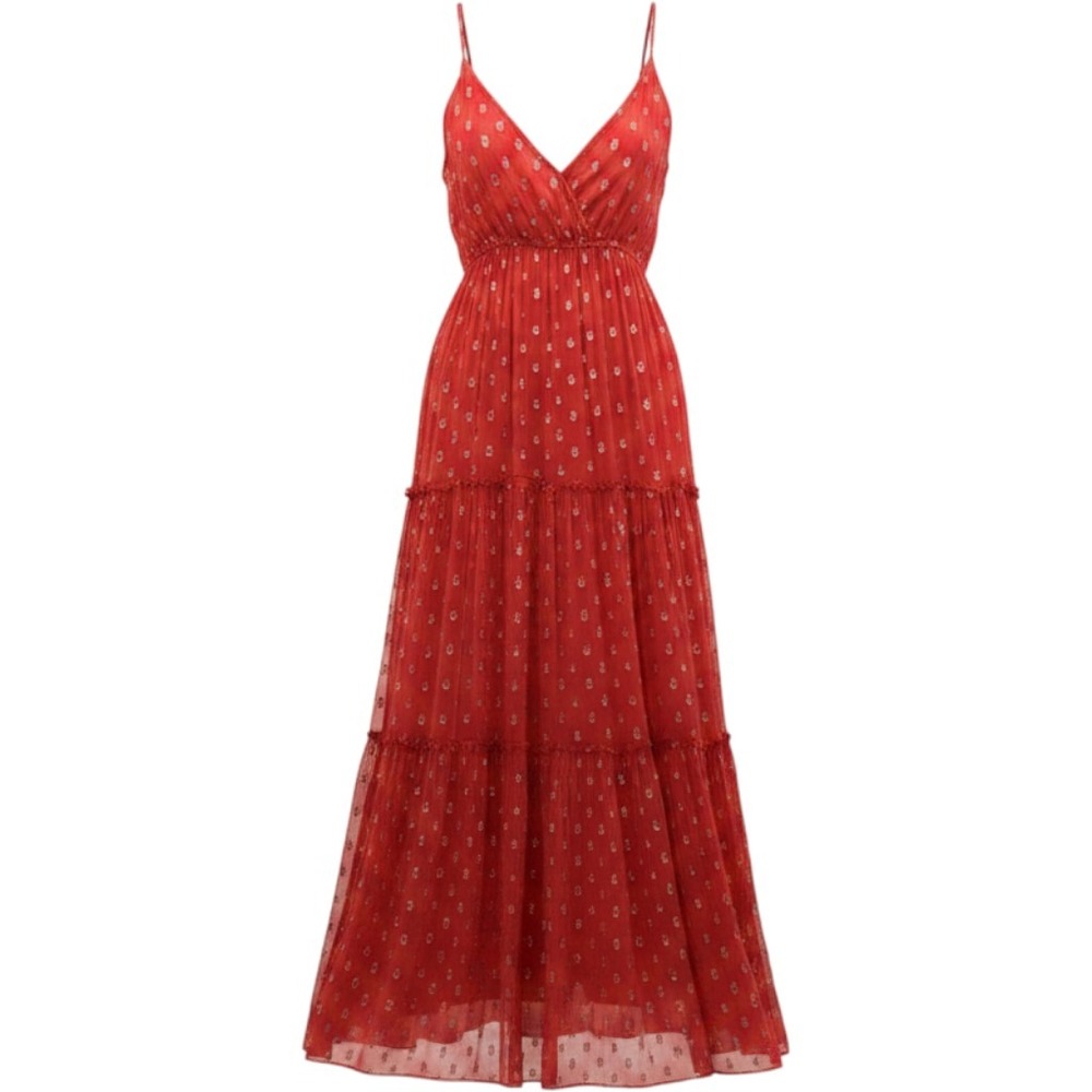 Red Gold Foil‎ Sunburst Tiered Maxi Dress V-Neck Boho Tassel Back Sleeveless Med